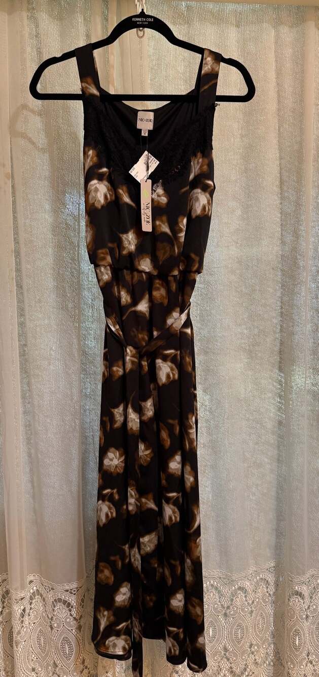 NIC+ZOE Women’s M Black Multi Floral Lace V Neck Maxi Dress Belted NWT